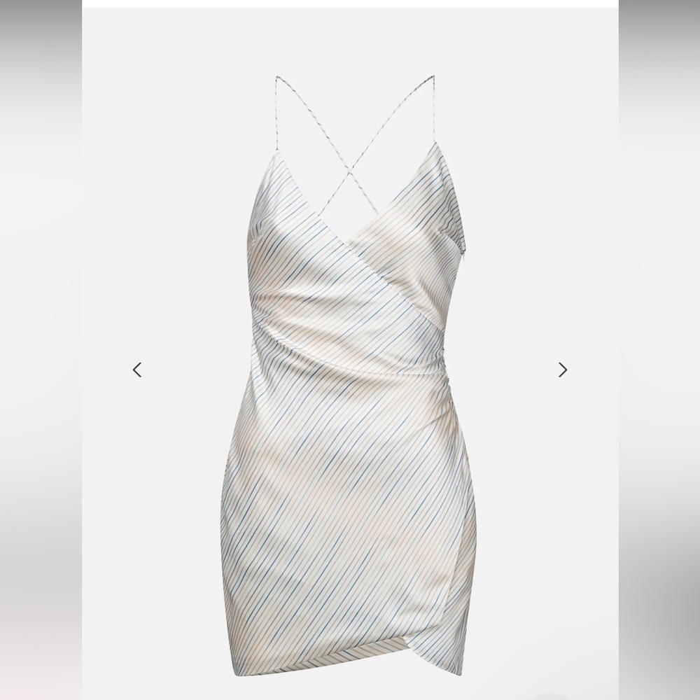 SER.O.YA | Bodycon Leah Classic Mini Slip Dress Silk Ivory W/ Blue Stripe - Picture 5 of 9